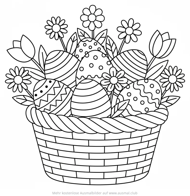 Ostereierkorb Ausmalbild mit Blumen und Mustern