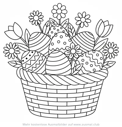 Ostereierkorb Ausmalbild mit Blumen und Mustern