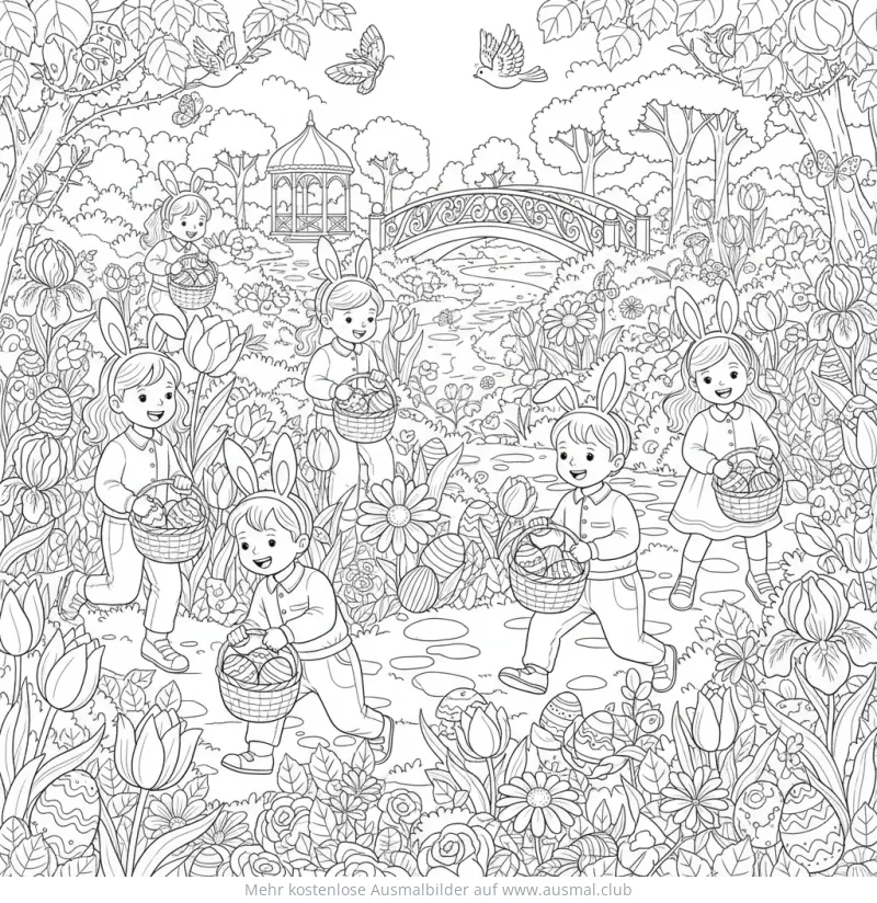 Kinder mit Hasenohren bei der Ostereiersuche im Garten Ausmalbild