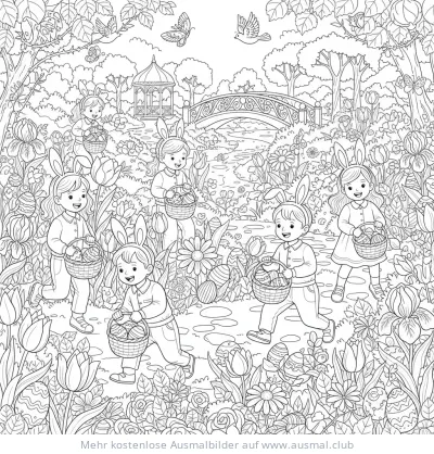 Kinder mit Hasenohren bei der Ostereiersuche im Garten Ausmalbild