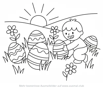 Junge bei der Ostereiersuche inmitten von Ostereiern und Blumen Ausmalbild