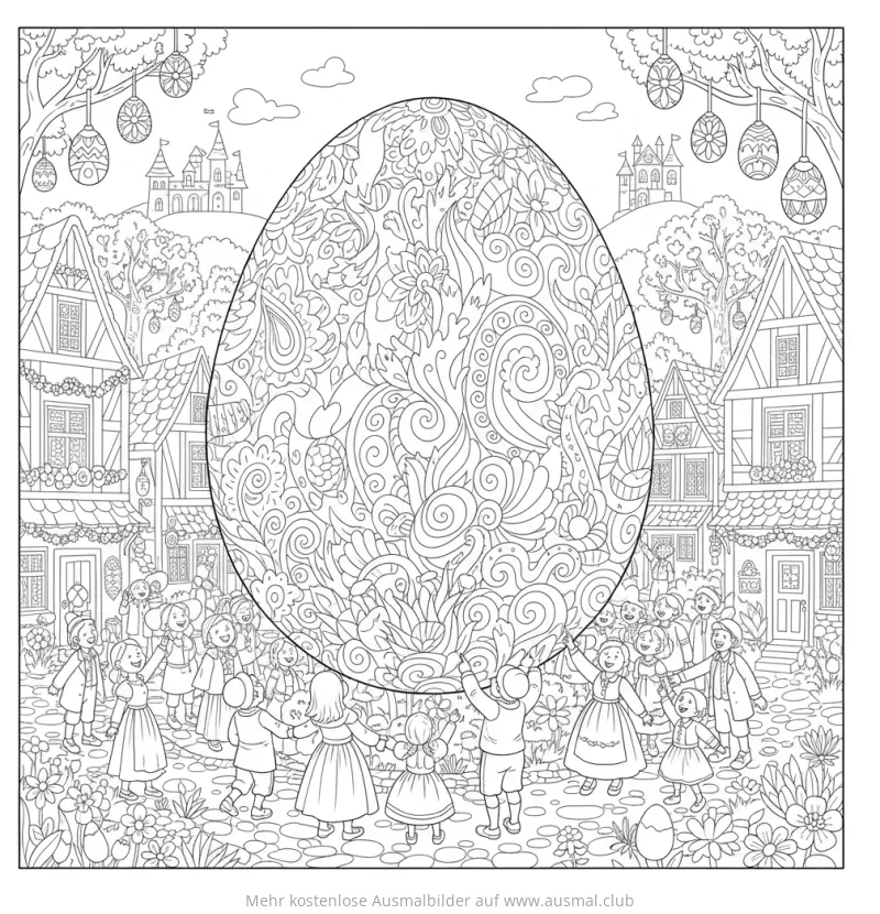Riesiges Osterei mit floralem Muster, umringt von Kindern in einem Dorf, Ausmalbild
