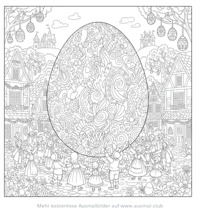 Riesiges Osterei mit floralem Muster, umringt von Kindern in einem Dorf, Ausmalbild