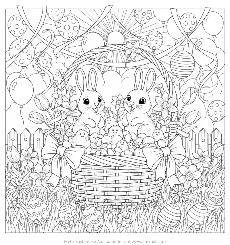 Osterkorb mit Hasen und Küken Ausmalbild