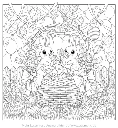 Osterkorb mit Hasen und Küken Ausmalbild