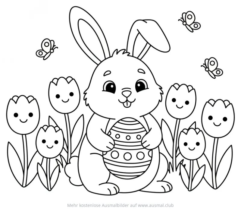 Osterhase hält Osterei zwischen lächelnden Tulpen und Schmetterlingen Ausmalbild