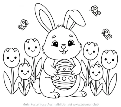 Osterhase hält Osterei zwischen lächelnden Tulpen und Schmetterlingen Ausmalbild