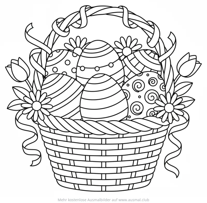 Ostereier in einem Korb mit Blumen und Bändern Ausmalbild