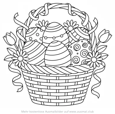Ostereier in einem Korb mit Blumen und Bändern Ausmalbild