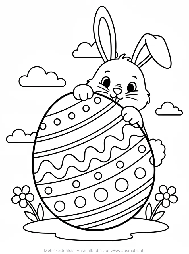 Hase versteckt sich hinter verziertem Osterei Ausmalbild