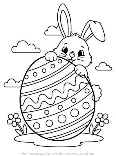 Hase versteckt sich hinter verziertem Osterei Ausmalbild