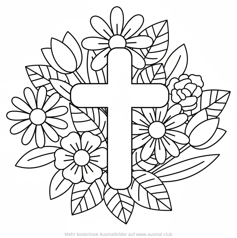 Kreuz Ausmalbild mit Blumen für Ostern