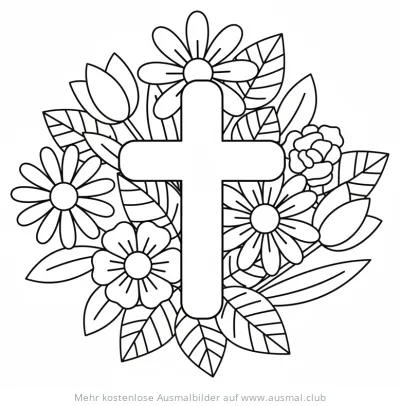 Kreuz Ausmalbild mit Blumen für Ostern