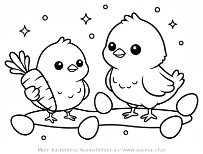Zwei Küken mit Karotte und Ostereiern Ausmalbild