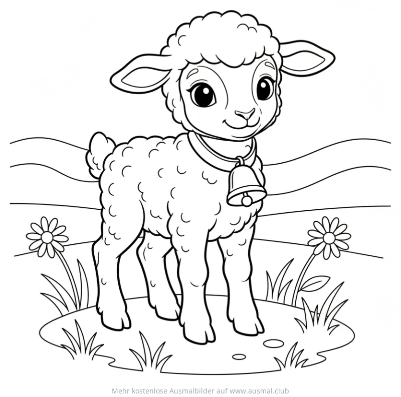 Lamm Ausmalbild mit Glocke auf einer Wiese