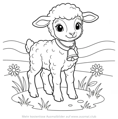 Lamm Ausmalbild mit Glocke auf einer Wiese