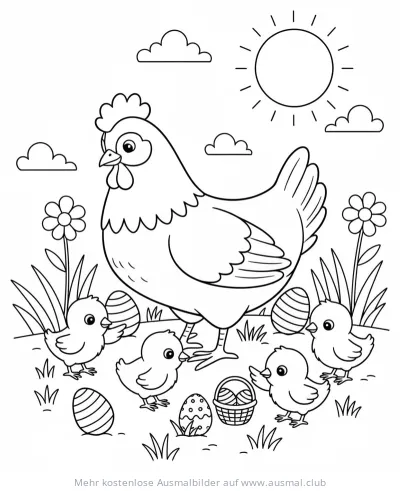 Henne mit Küken und Ostereiern Ausmalbild