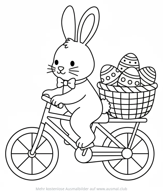 Fahrradfahrender Hase mit Ostereierkorb Ausmalbild
