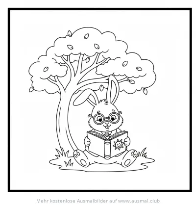 Lesender Hase mit Brille unter Baum Ausmalbild