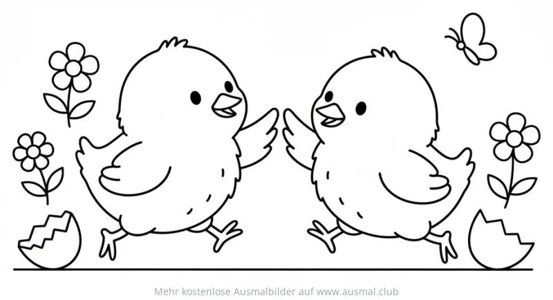 Kükenfangen Ausmalbild mit Blumen und Schmetterling