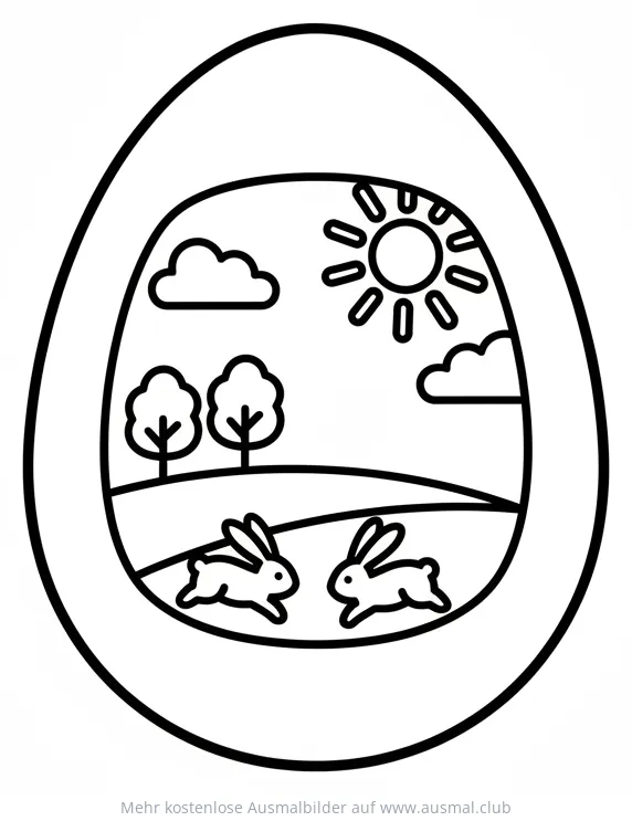 Fensterei Ausmalbild mit Hasen, Sonne und Landschaft