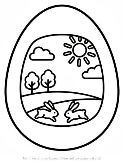 Fensterei Ausmalbild mit Hasen, Sonne und Landschaft