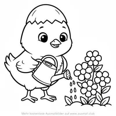 Küken mit Eierschale gießt Blumen Ausmalbild