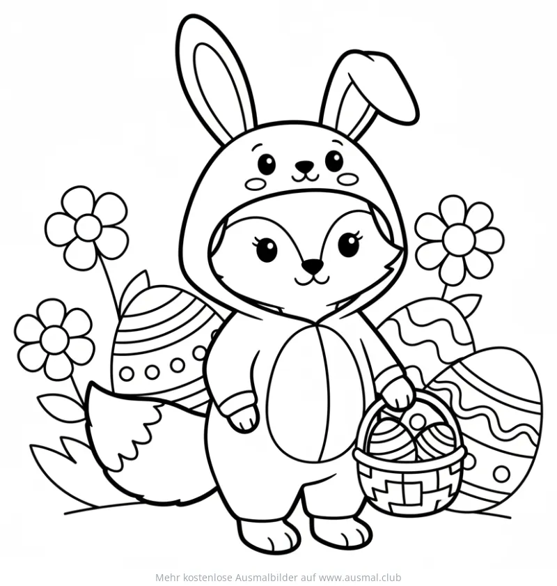 Fuchs im Hasenkostüm mit Ostereiern und Blumen Ausmalbild