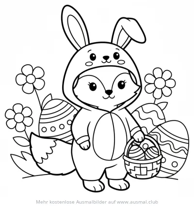 Fuchs im Hasenkostüm mit Ostereiern und Blumen Ausmalbild