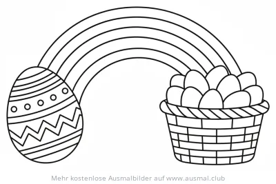 Osterei, Korb voller Eier und Regenbogen Ausmalbild