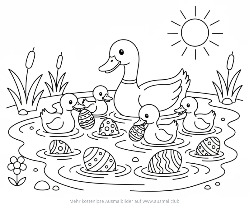 Entenfamilie mit Ostereiern im Teich Ausmalbild