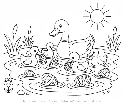 Entenfamilie mit Ostereiern im Teich Ausmalbild