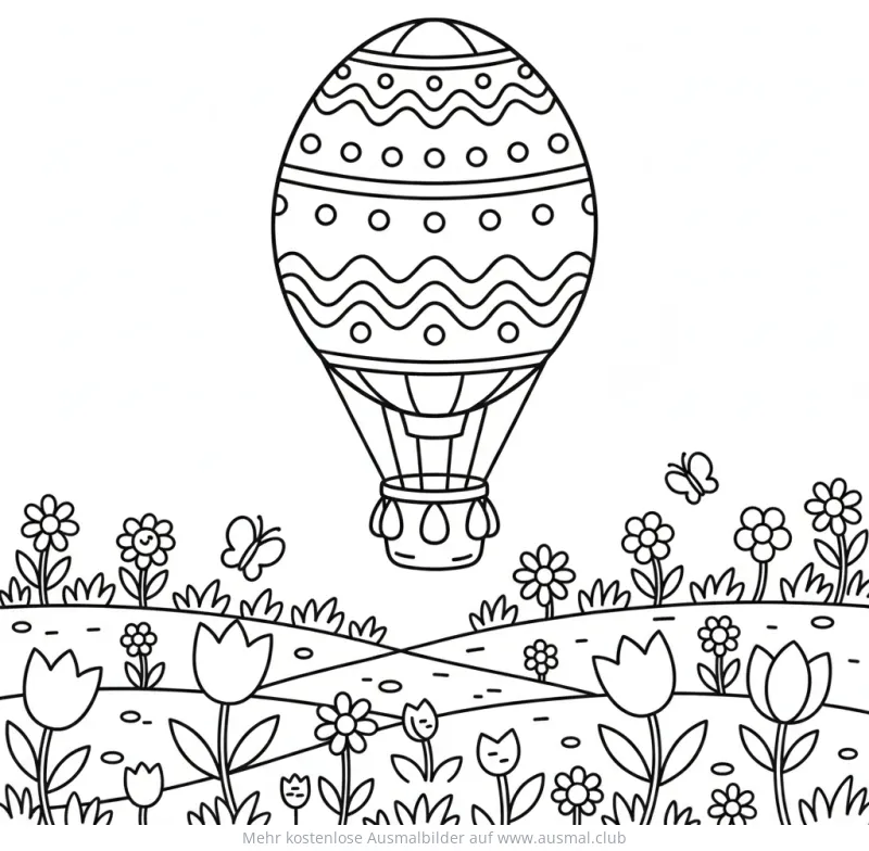 Ostern Heißluftballon mit Blumenwiese Ausmalbild