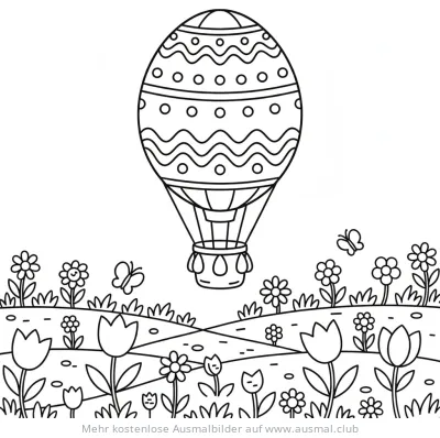 Ostern Heißluftballon mit Blumenwiese Ausmalbild