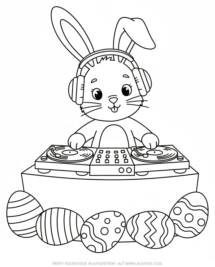Hase mit Kopfhörern am DJ-Pult, Ostereier Ausmalbild