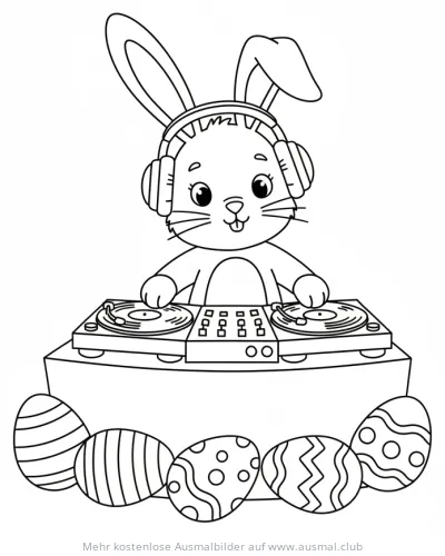 Hase mit Kopfhörern am DJ-Pult, Ostereier Ausmalbild