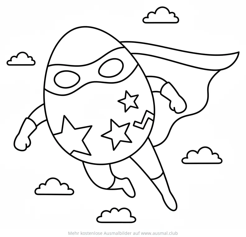 Osterei Superheld fliegt durch die Wolken Ausmalbild