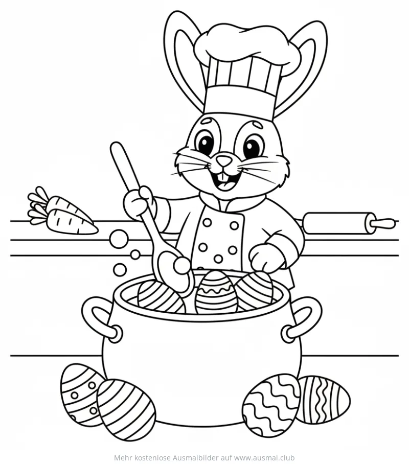 Hase als Koch rührt Ostereier im Topf Ausmalbild