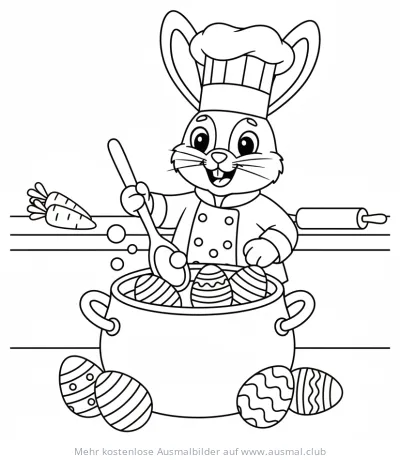 Hase als Koch rührt Ostereier im Topf Ausmalbild