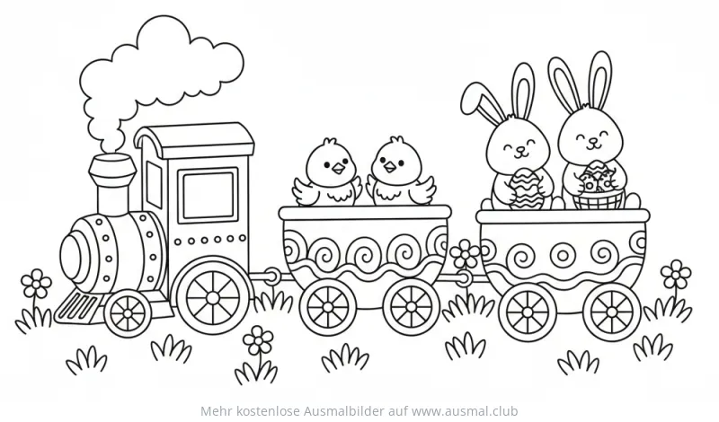 Ostern Zug mit Hasen und Küken Ausmalbild