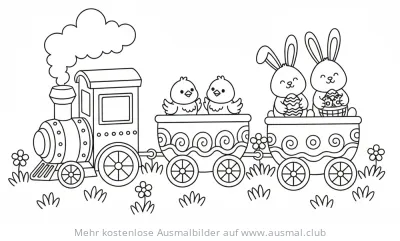 Ostern Zug mit Hasen und Küken Ausmalbild