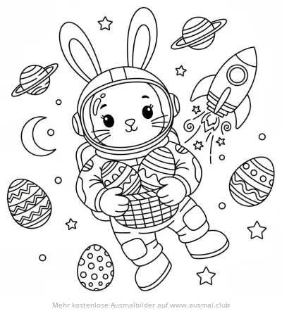 Osterhase im Astronautenanzug mit Ostereiern im Weltraum Ausmalbild
