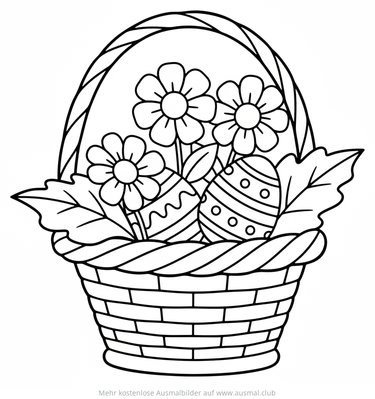 Osterkorb mit Blumen und Ostereiern Ausmalbild