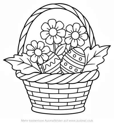 Osterkorb mit Blumen und Ostereiern Ausmalbild