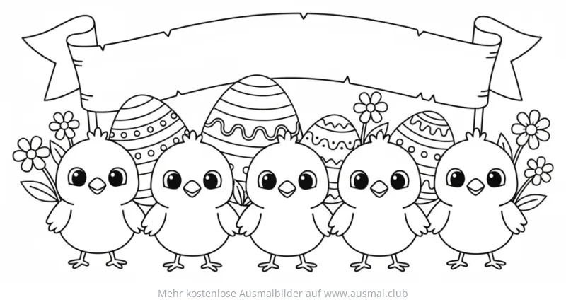 Fünf Küken mit Ostereiern und Blumen Ausmalbild