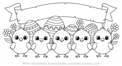 Fünf Küken mit Ostereiern und Blumen Ausmalbild