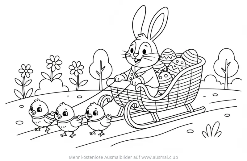 Hase mit Ostereiern im Schlitten, gezogen von Küken Ausmalbild