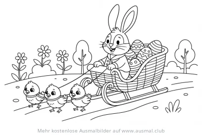Hase mit Ostereiern im Schlitten, gezogen von Küken Ausmalbild