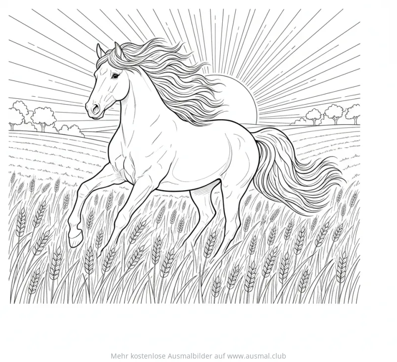 Friese galoppiert durch Getreidefeld Ausmalbild