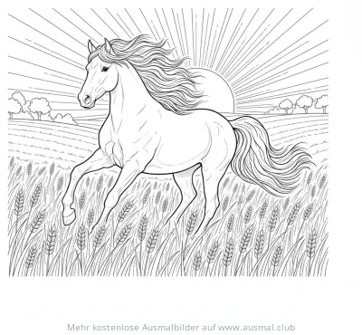 Friese galoppiert durch Getreidefeld Ausmalbild